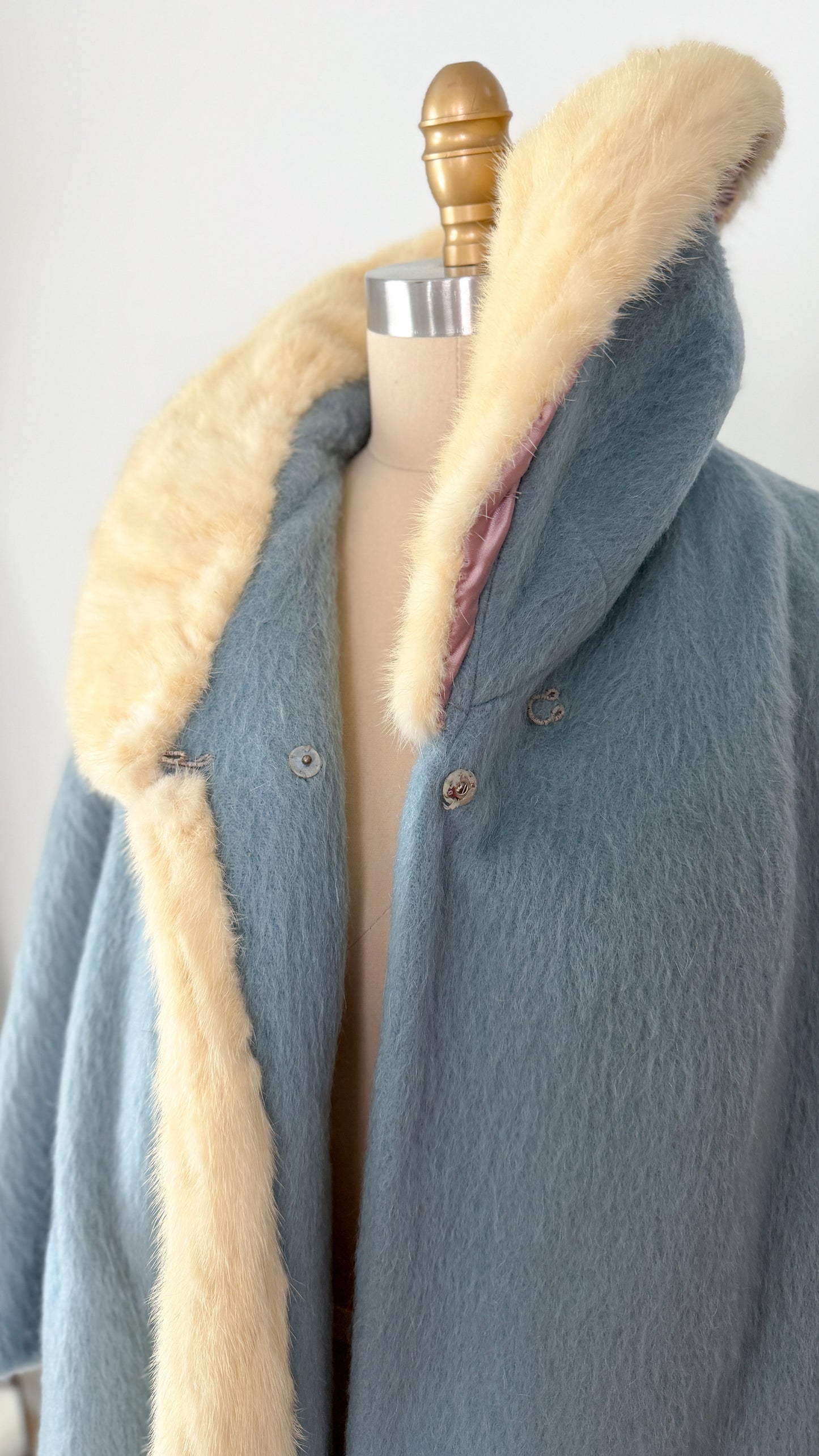 Vintage 60s Lilli Ann Powder Blue Cream Mink Collar Swing Coat