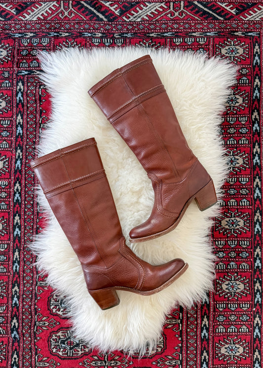 FRYE Jane Stitch Dark Brown Redwood Leather Riding Boots 77230  (8.5)