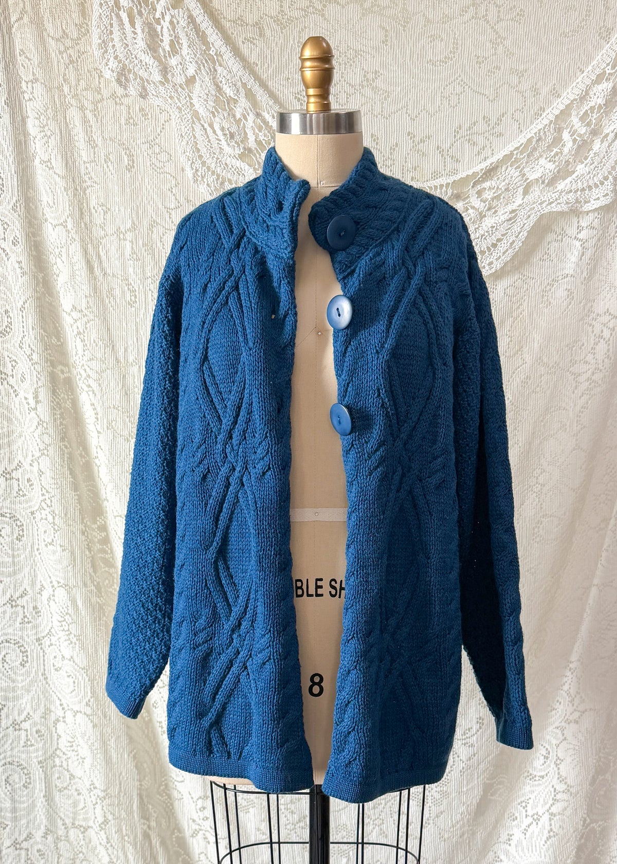 Vintage Aran Crafts Ireland Teal Blue Wool Cable Knit Cardigan Jacket (L)