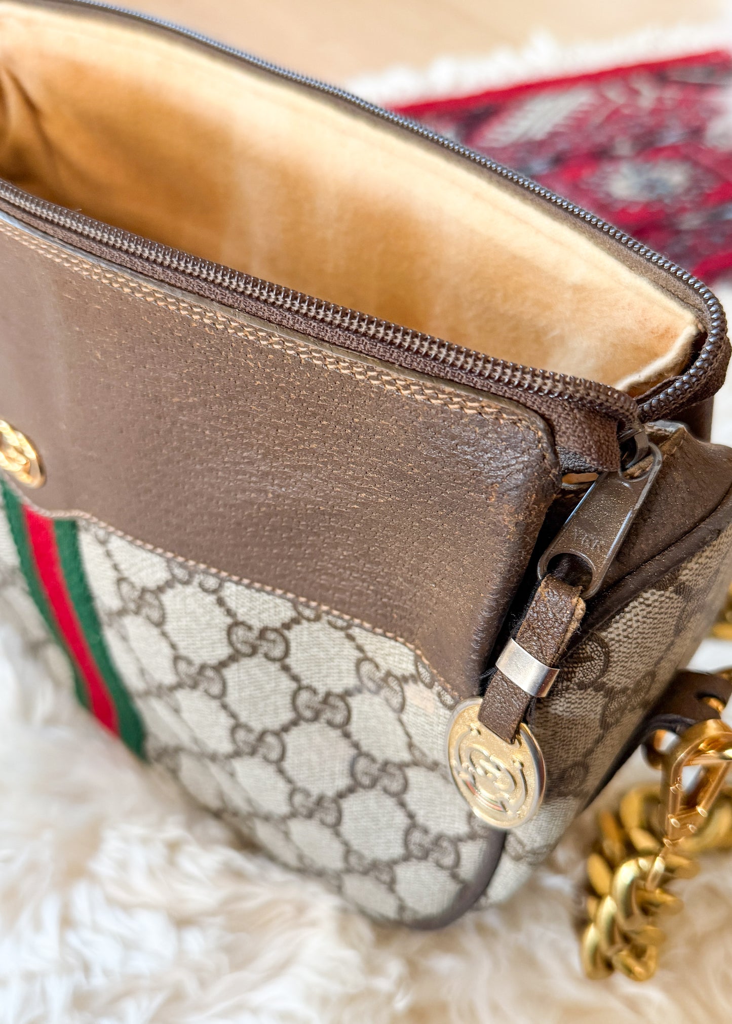 Vintage 80s Gucci Sherry Line GG Brown Shoulder Bag Purse + Gold Shoulder Chain