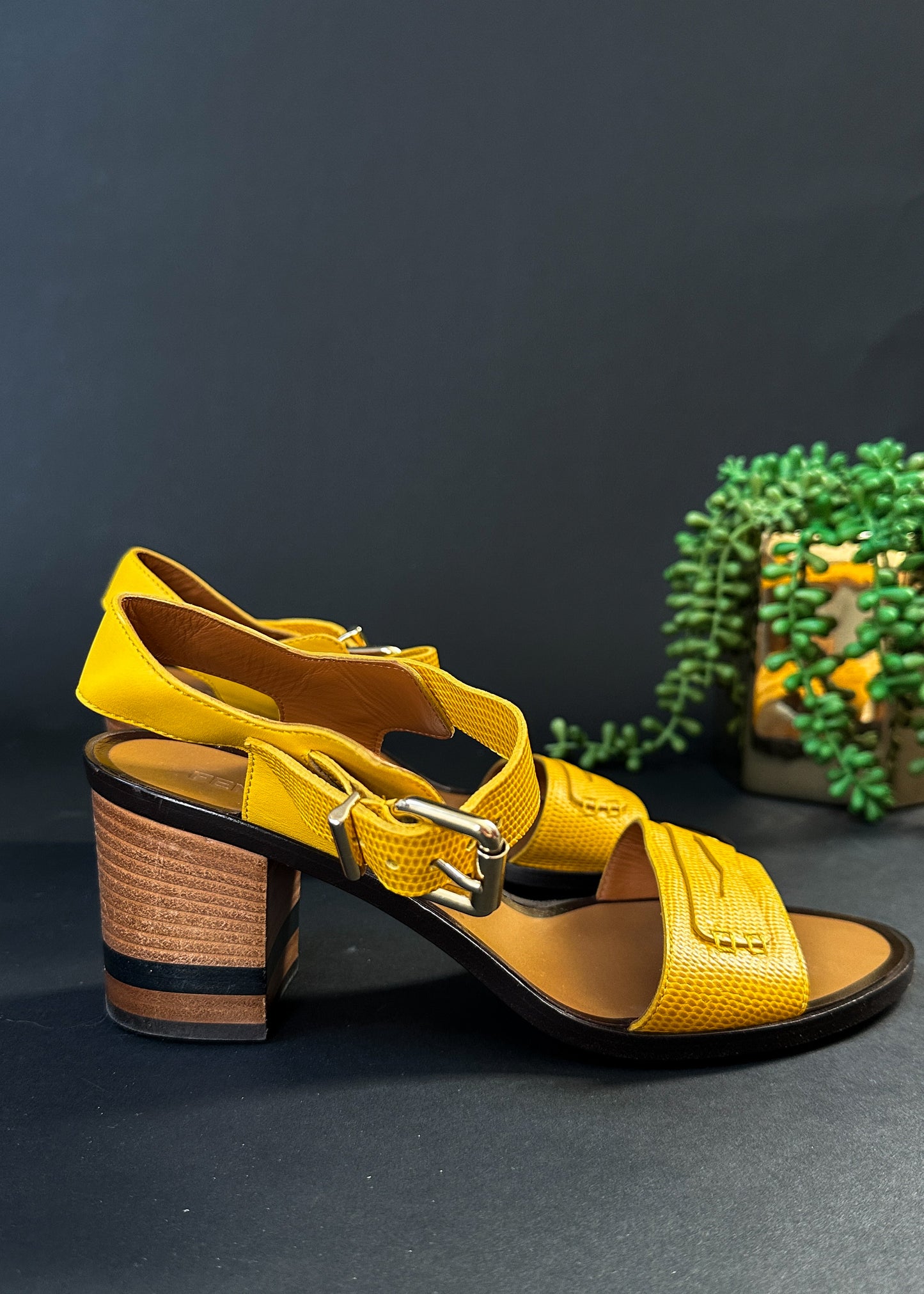 Fendi Yellow Leather Sandals Block Heels (39 or 8.5)