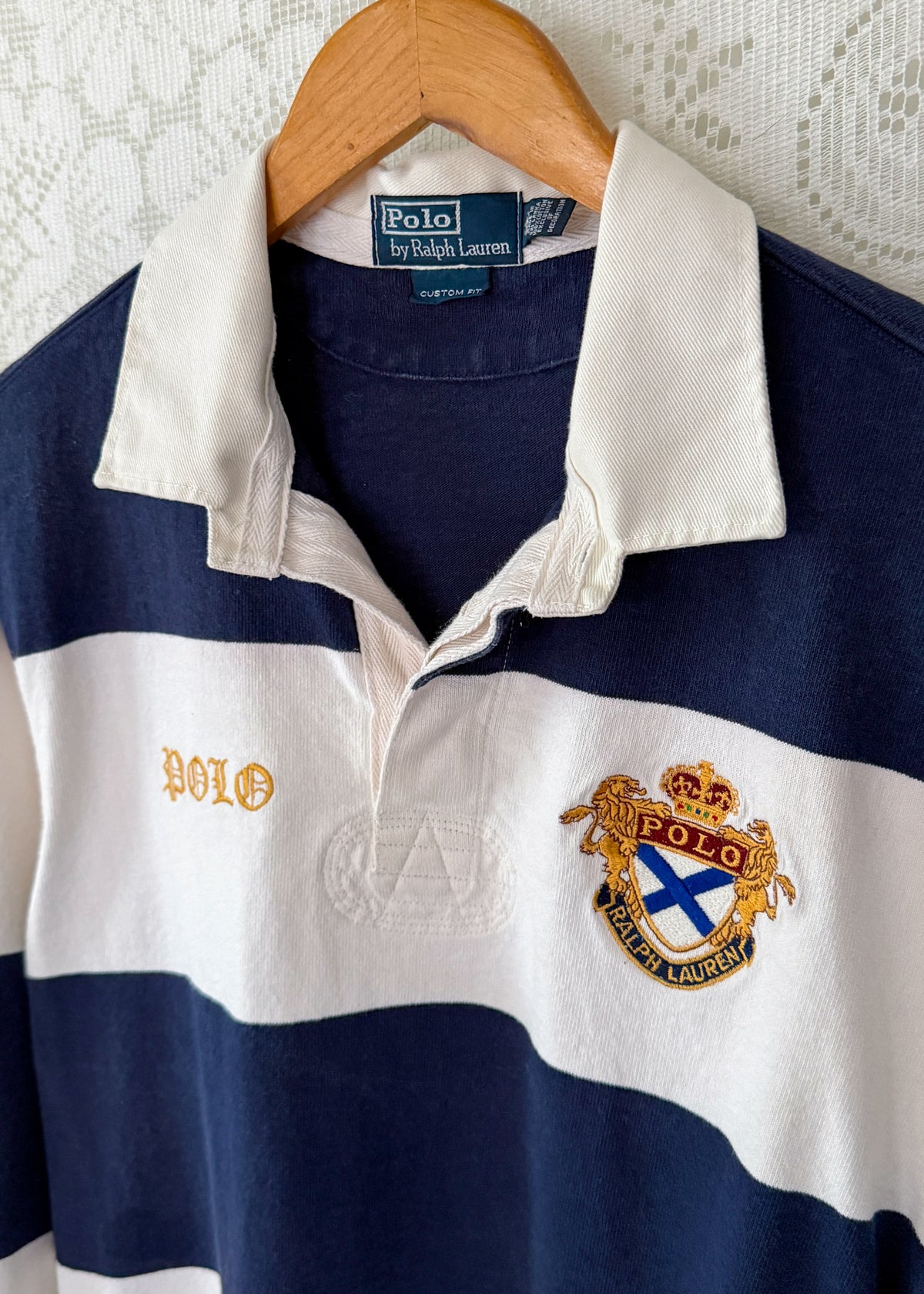 Vintage 90s 00s Polo Ralph Lauren Navy White Striped Crest Rugby Shirt (XL)
