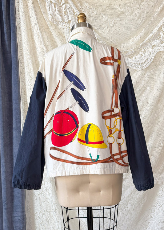 RARE Vintage Ralph Lauren Equestrian Jacket White Navy Polo Horse Tack Print Graphic