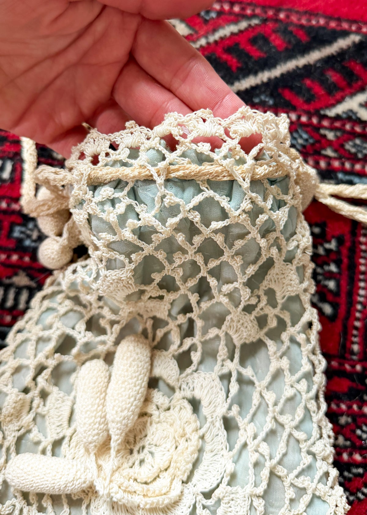 Antique Edwardian Irish Crochet Reticule Purse Sea Foam Green Lined c. 1900–1915