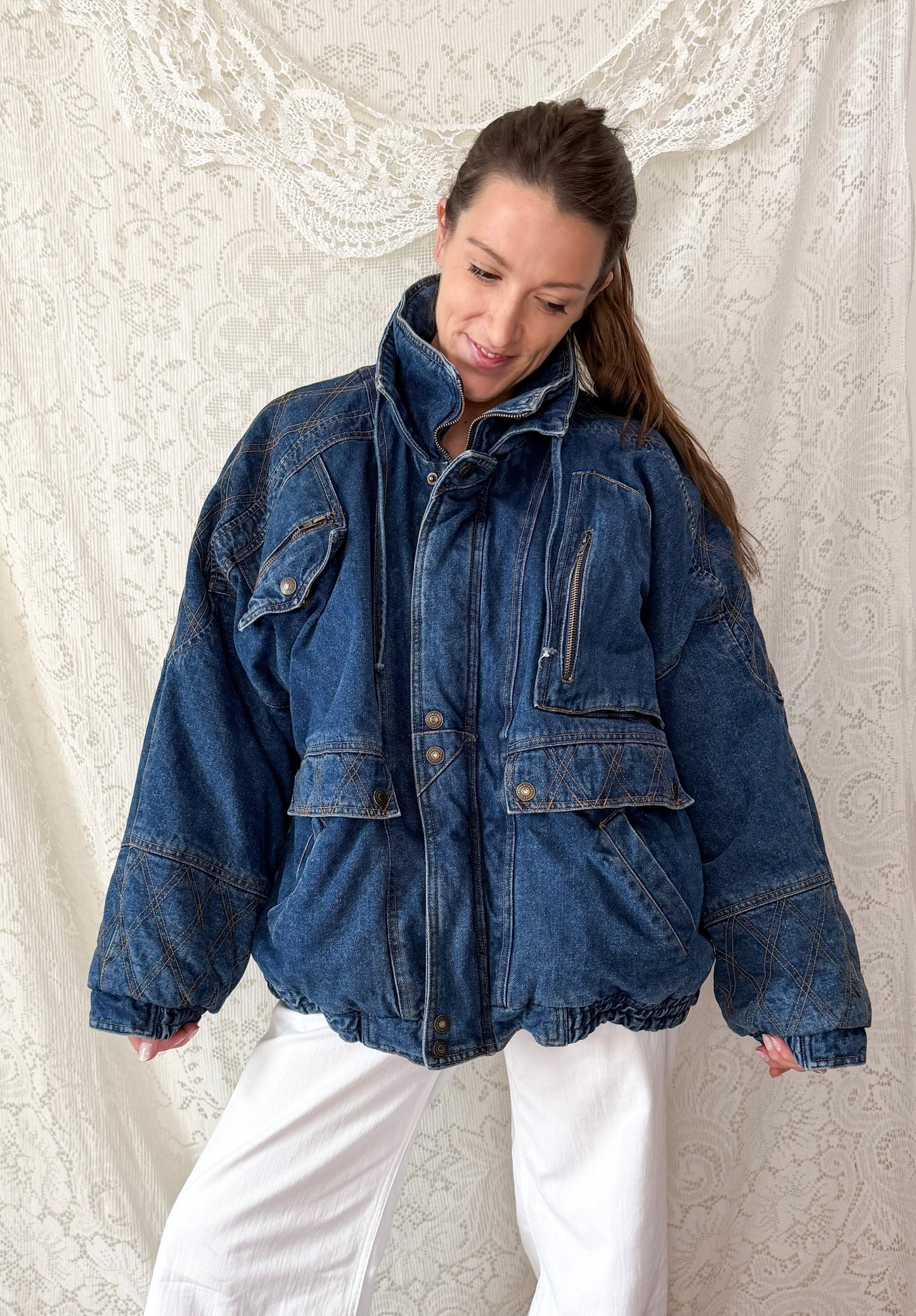 Vintage 90s In Crowd Denim Ski Jacket Southwestern Lined Oversized Coat
