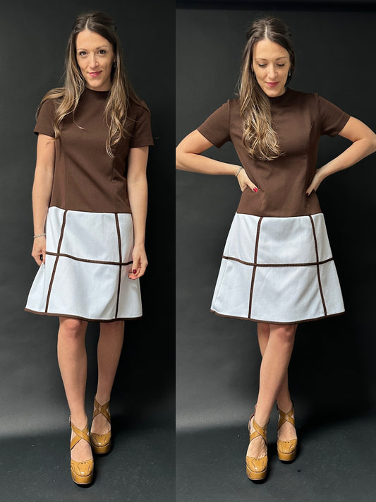 Vintage 70s Brown and White Cap Sleeve Mod Dress (S)