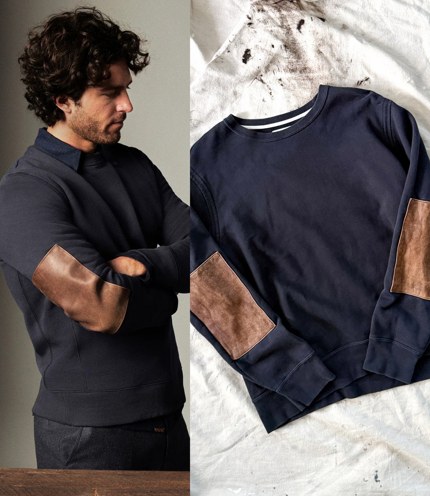 Billy Reid Dover Sweatshirt with Leather Elbow Patches in Dark Midnight (men's L)