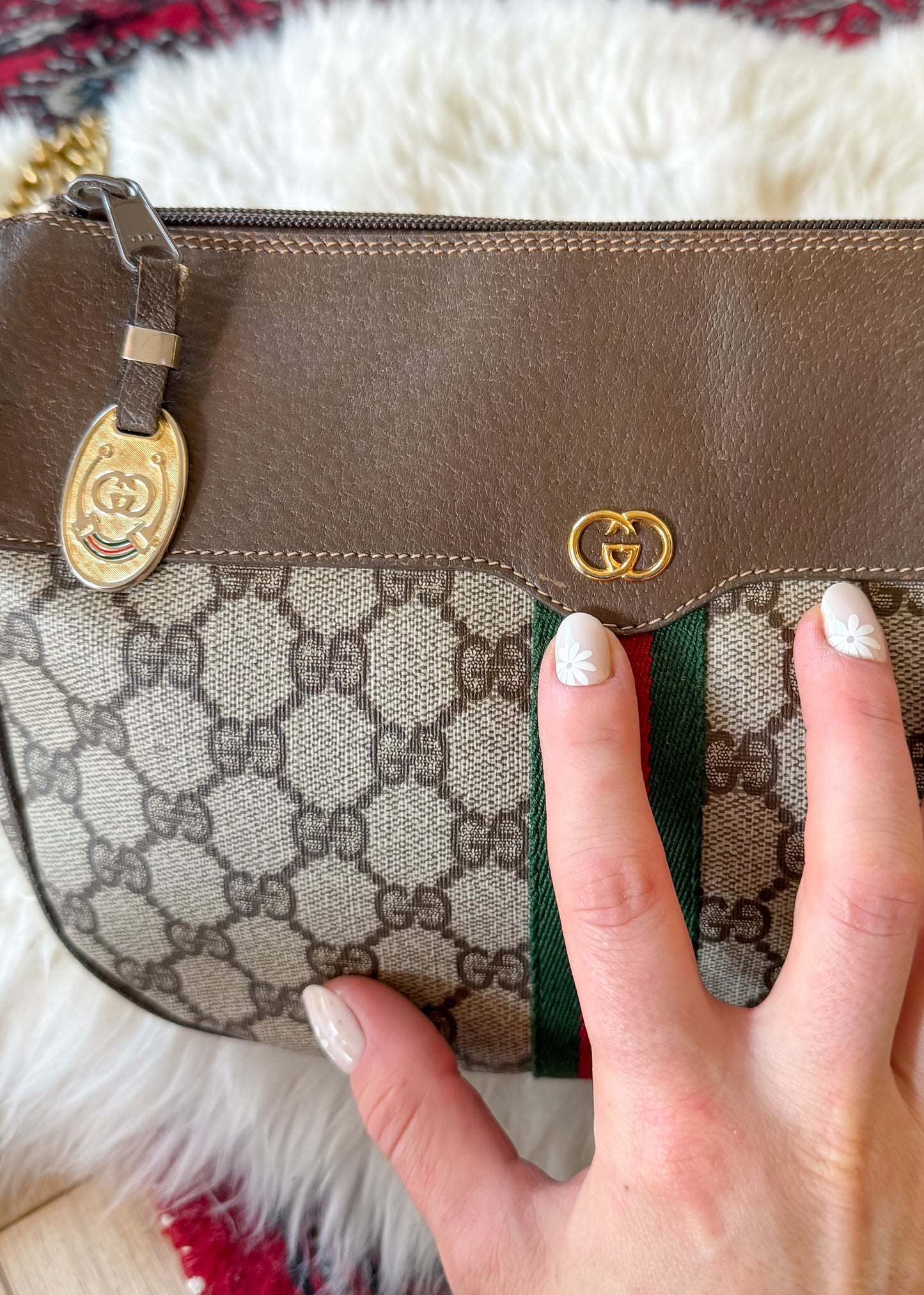 Vintage 80s Gucci Sherry Line GG Brown Shoulder Bag Purse + Gold Shoulder Chain