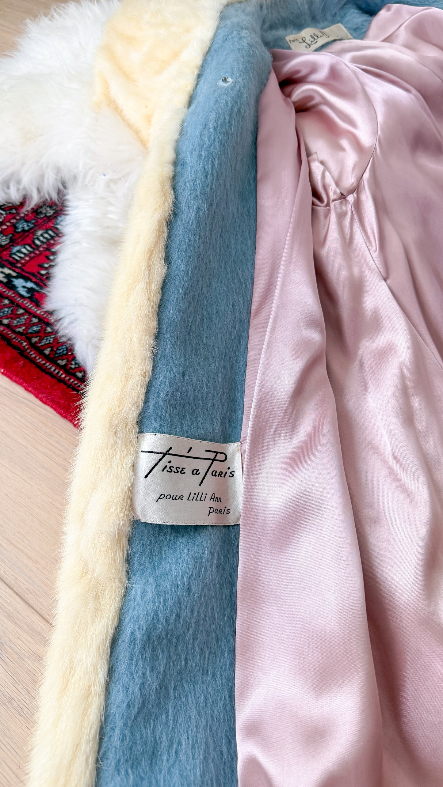 Vintage 60s Lilli Ann Powder Blue Cream Mink Collar Swing Coat