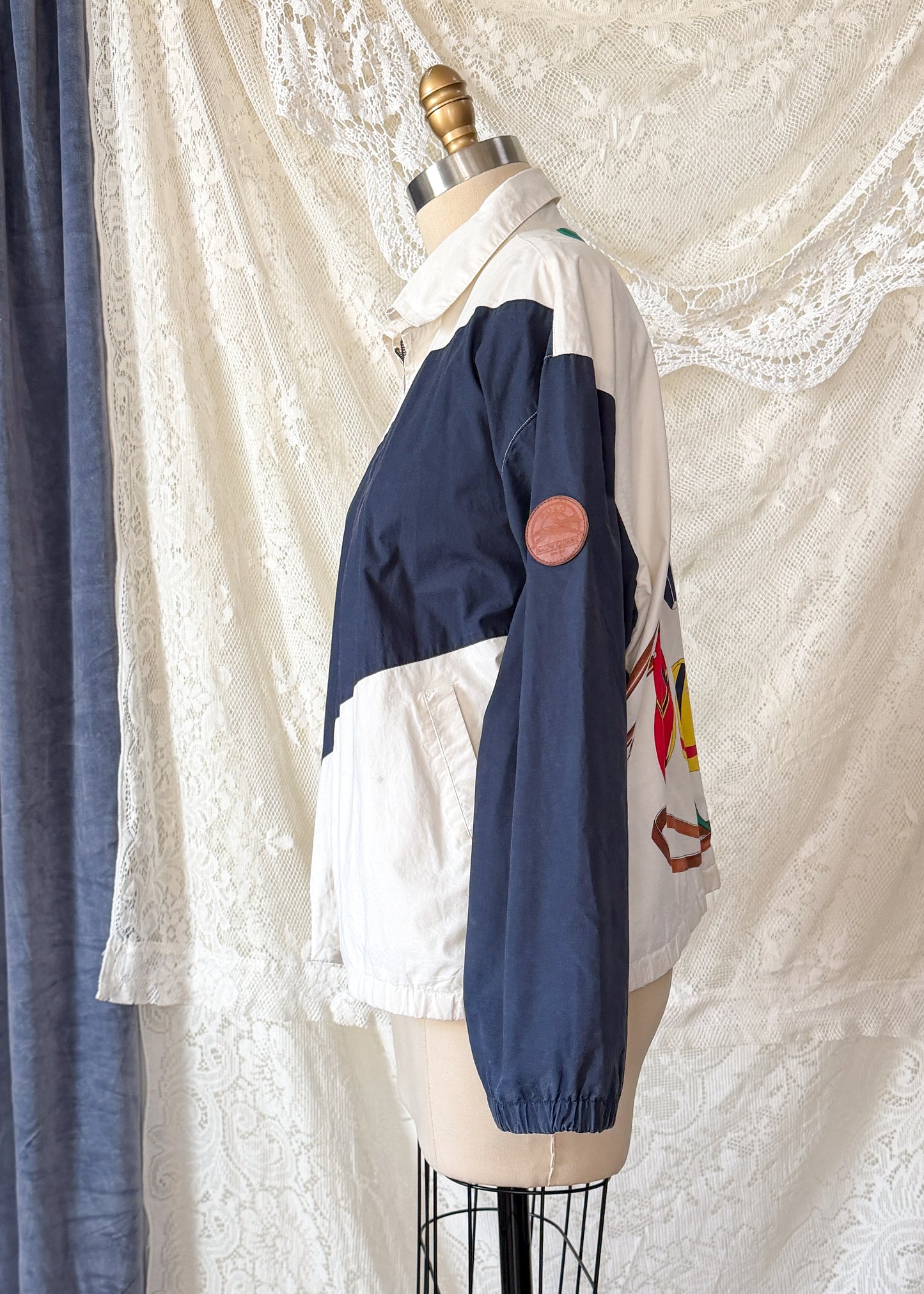 RARE Vintage Ralph Lauren Equestrian Jacket White Navy Polo Horse Tack Print Graphic