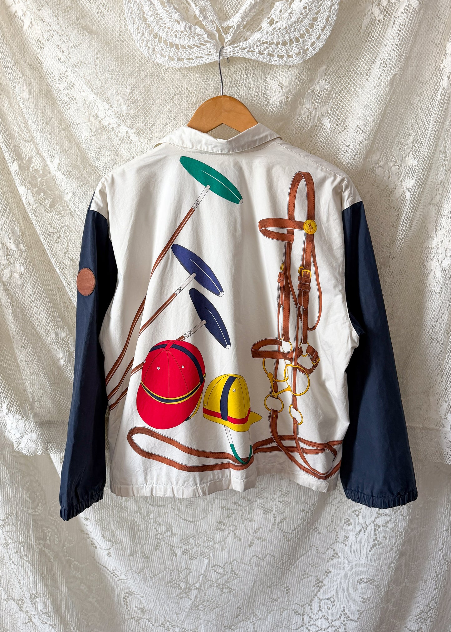 RARE Vintage Ralph Lauren Equestrian Jacket White Navy Polo Horse Tack Print Graphic
