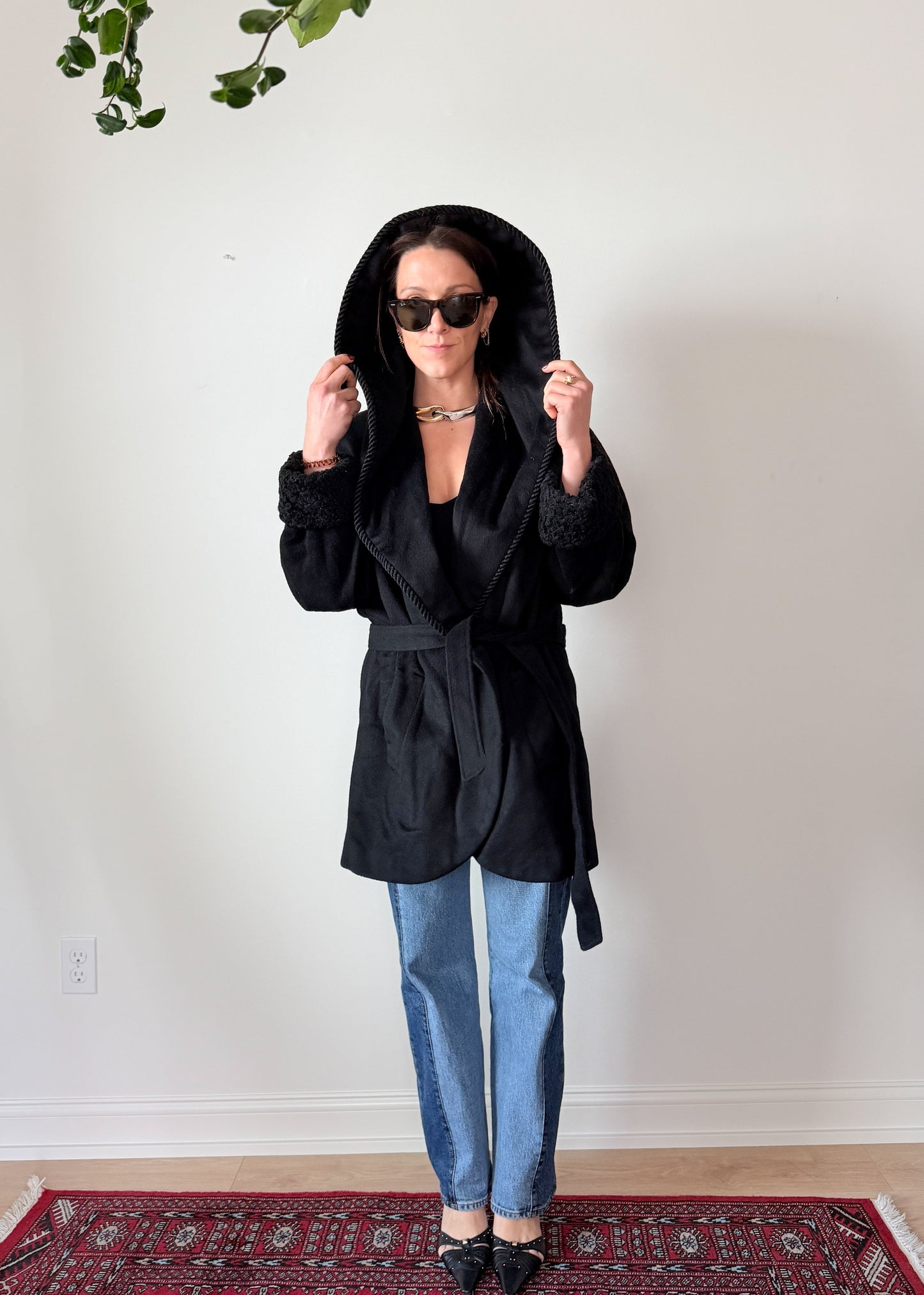 Vintage 80s Lorovi Black Wool Cloak Tie Front Coat (S/M)