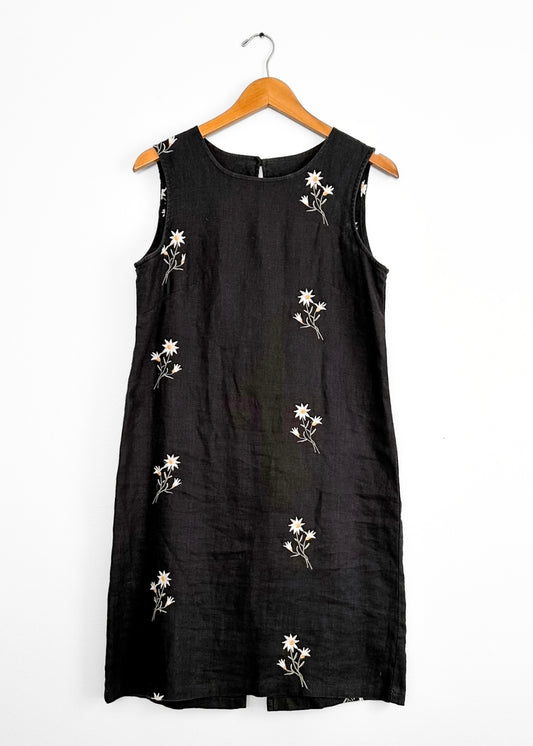 Vintage 00s Blacik Linen Floral Embroidered Shift Sun Dress (S)