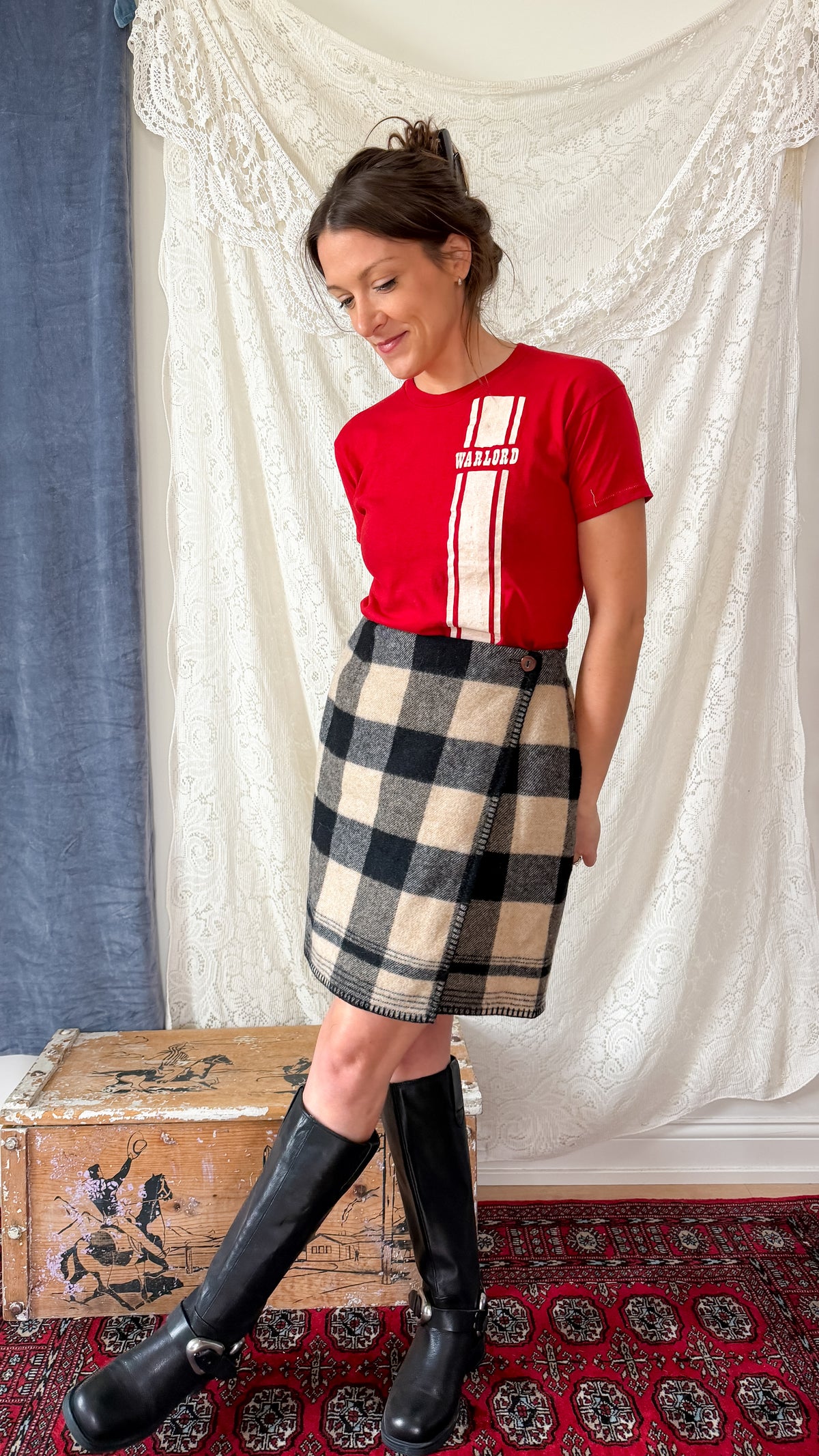 Vintage Ralph Lauren Country Tan & Black Wool Wrap Mini Skirt