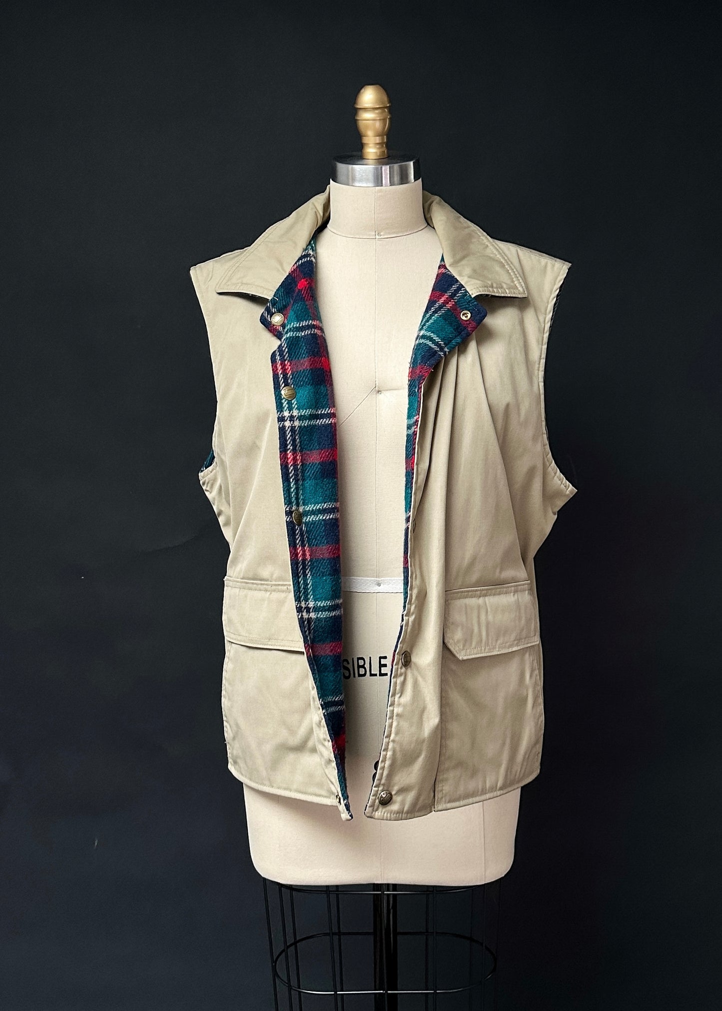 Vintage 80s Woolrich Fisherman Aesthetic Reversible Plaid Wool Canvas Utility Vest (mens L)