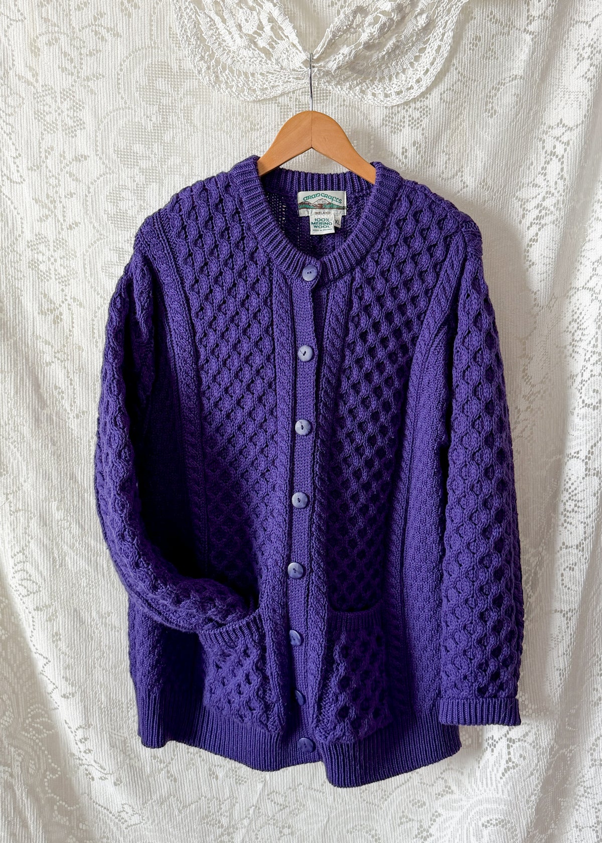 Vintage Aran Crafts Ireland Purple Merino Wool Cable Knit Cardigan (XL)