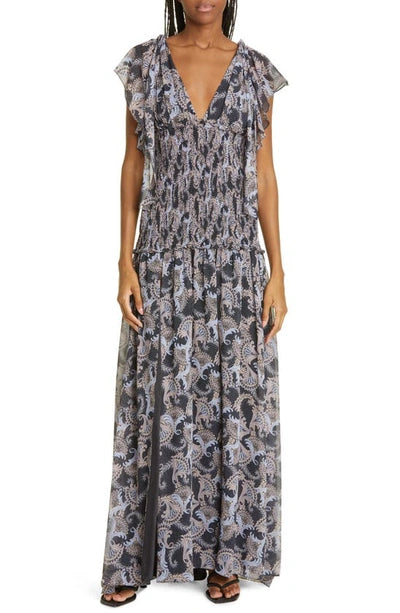Cinq à Sept Kris Chiffon Dress in Raven Paisley Navy Blue Chiffon Smocked Maxi