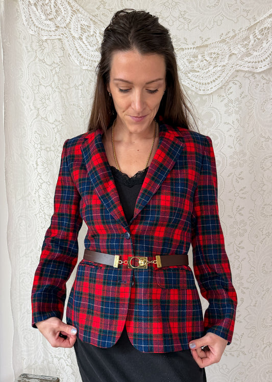 Vintage Pendleton Red Tartan Plaid Pure Virgin Wool Blazer Made in USA