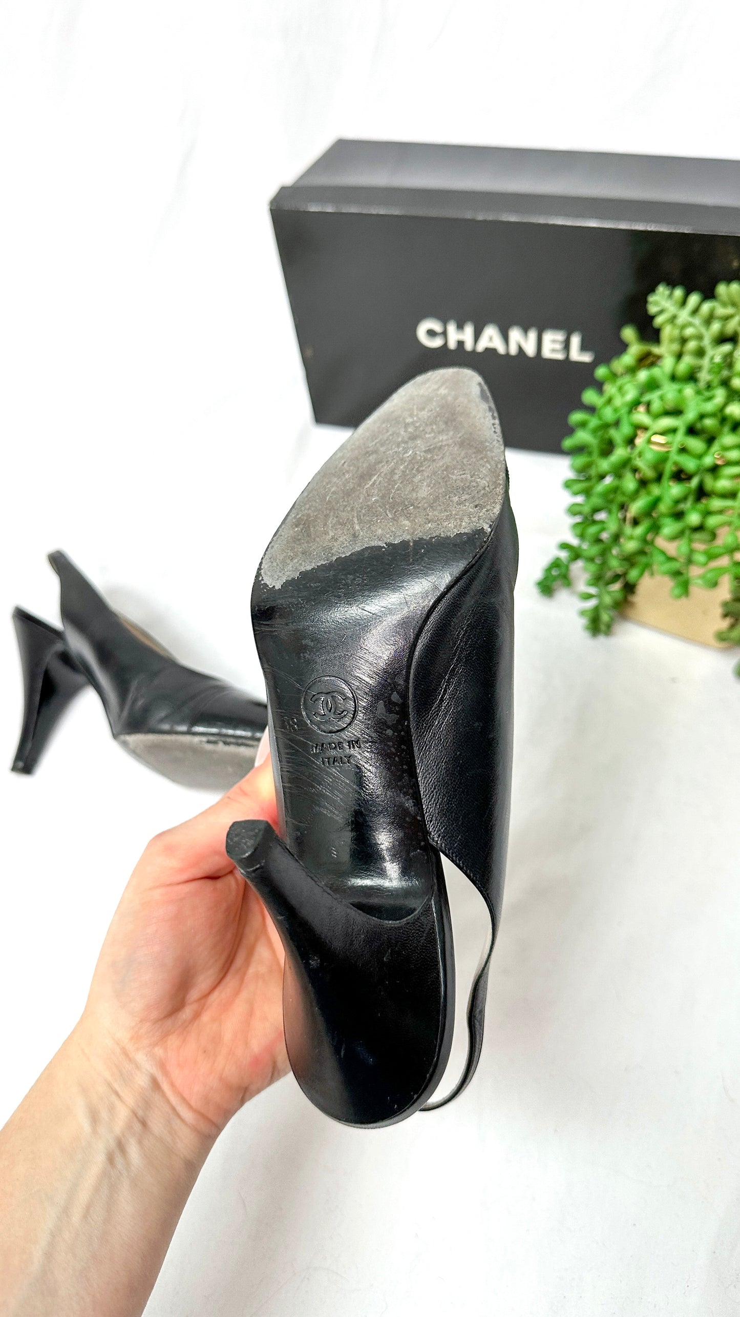 Vintage Chanel Black Leather Cap Toe Slingback Heels (38)