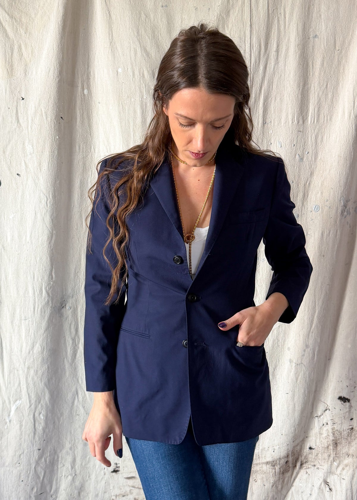 Vintage 90s Ralph Lauren Collection Purple Label Navy Wool Fitted Blazer Jacket
