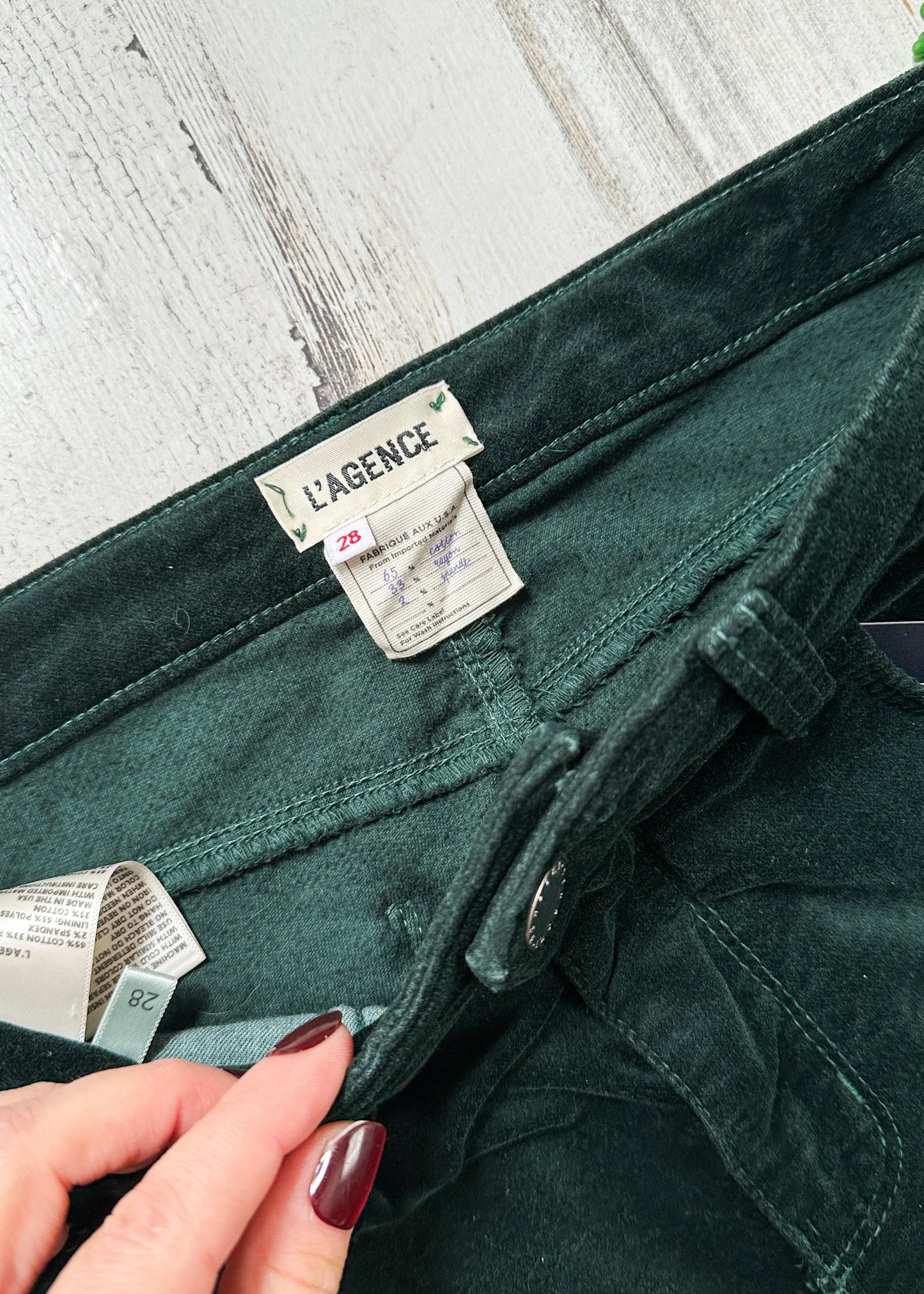 L’AGENCE Marguerite High Rise Velvet Slim Pants in Evergreen (28 or 6)