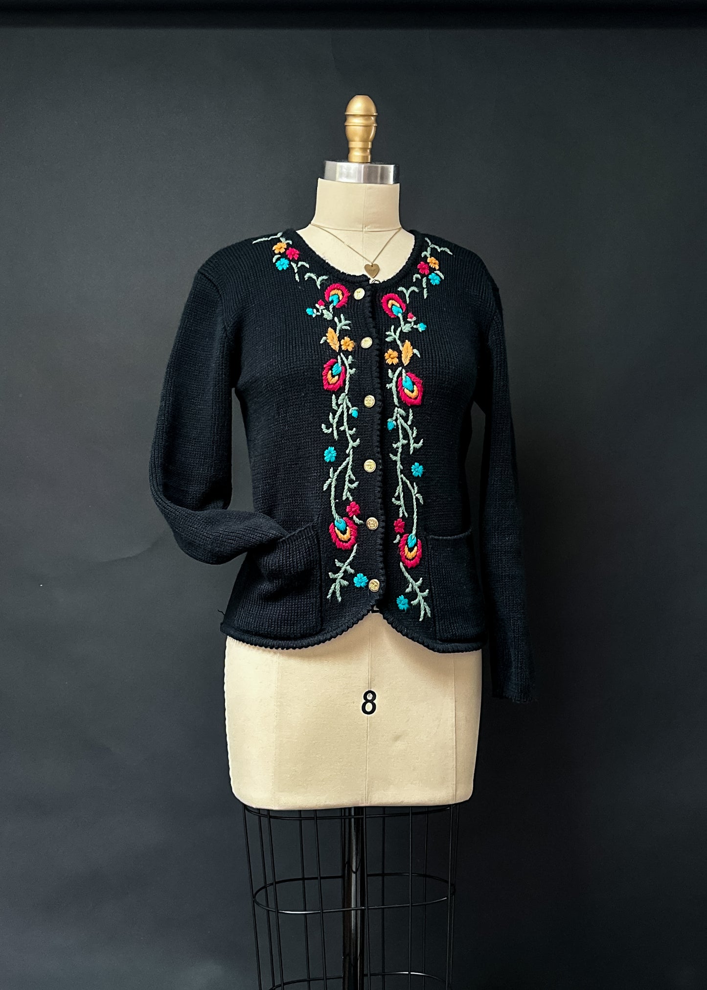 Vintage 70s Tally-Ho Floral Embroidered Hand Knit Cardigan Sweater (S)