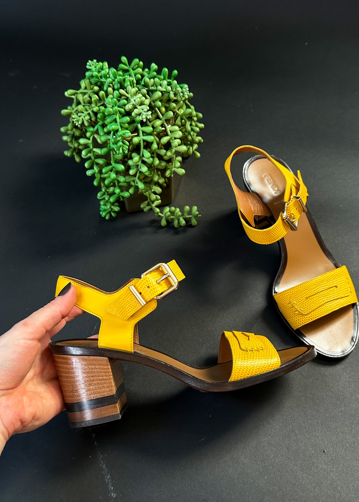 Fendi Yellow Leather Sandals Block Heels (39 or 8.5)