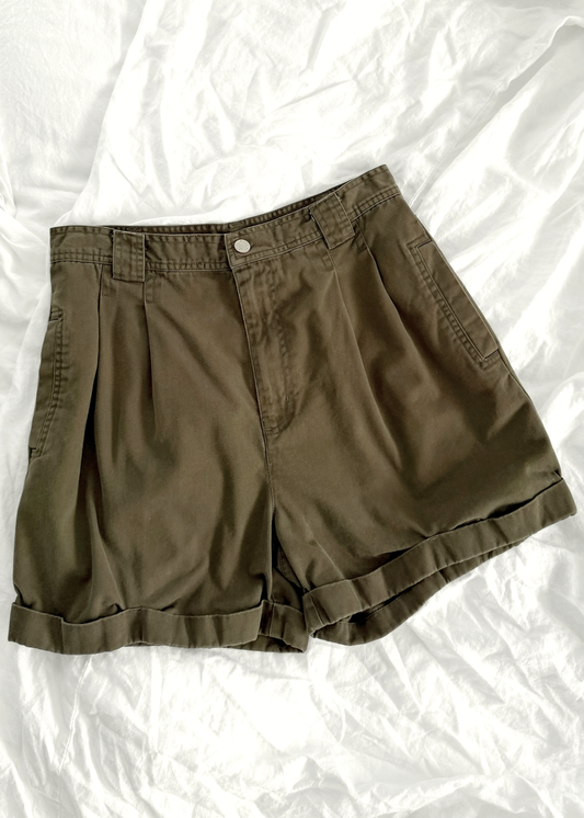 Vintage 90s Bill Blass Olive Green Cotton High Waist Rolled Cuff Shorts