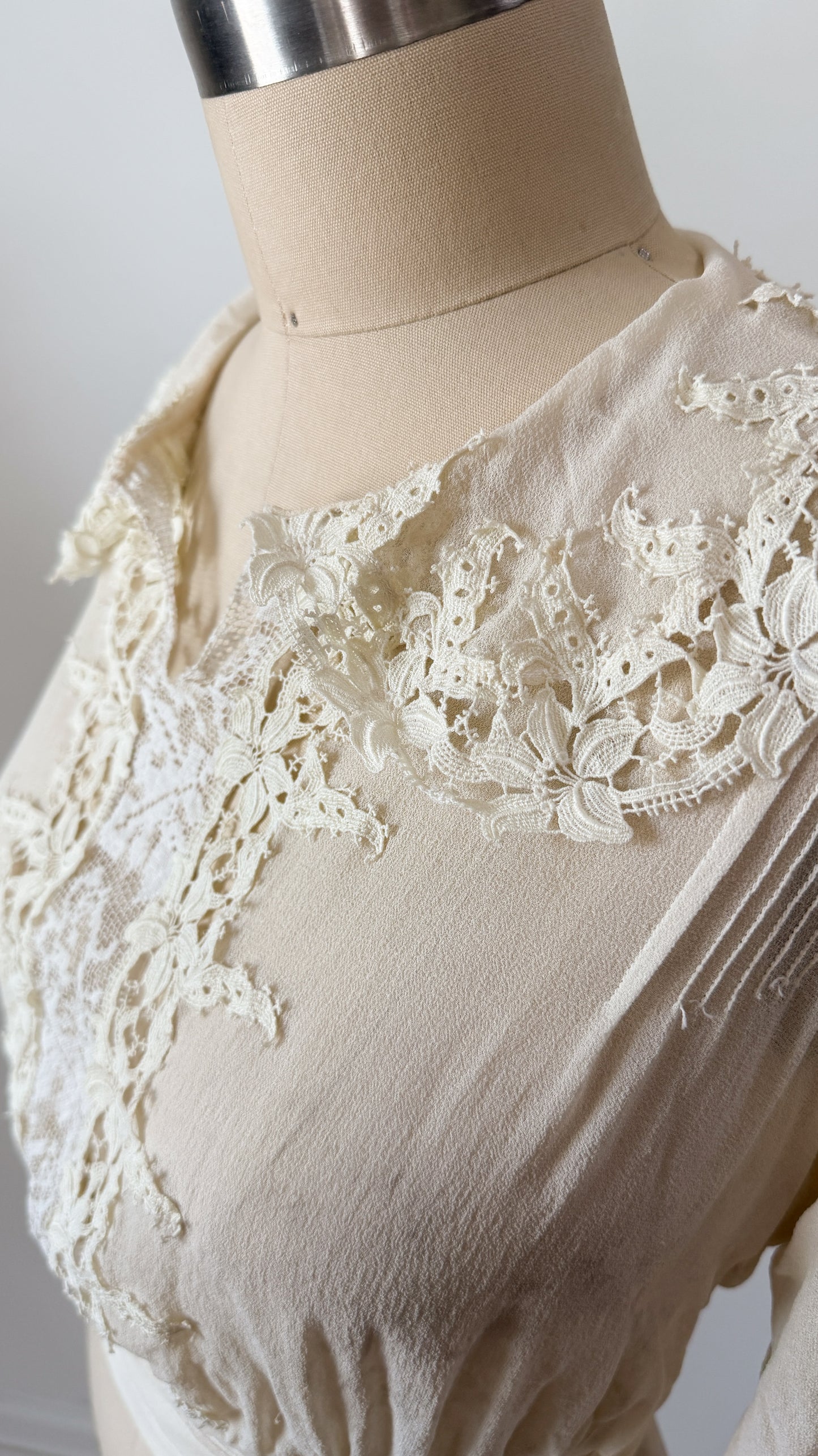 Antique Edwardian Silk Lingerie Blouse with Irish Crochet Lace  c. 1905–1915