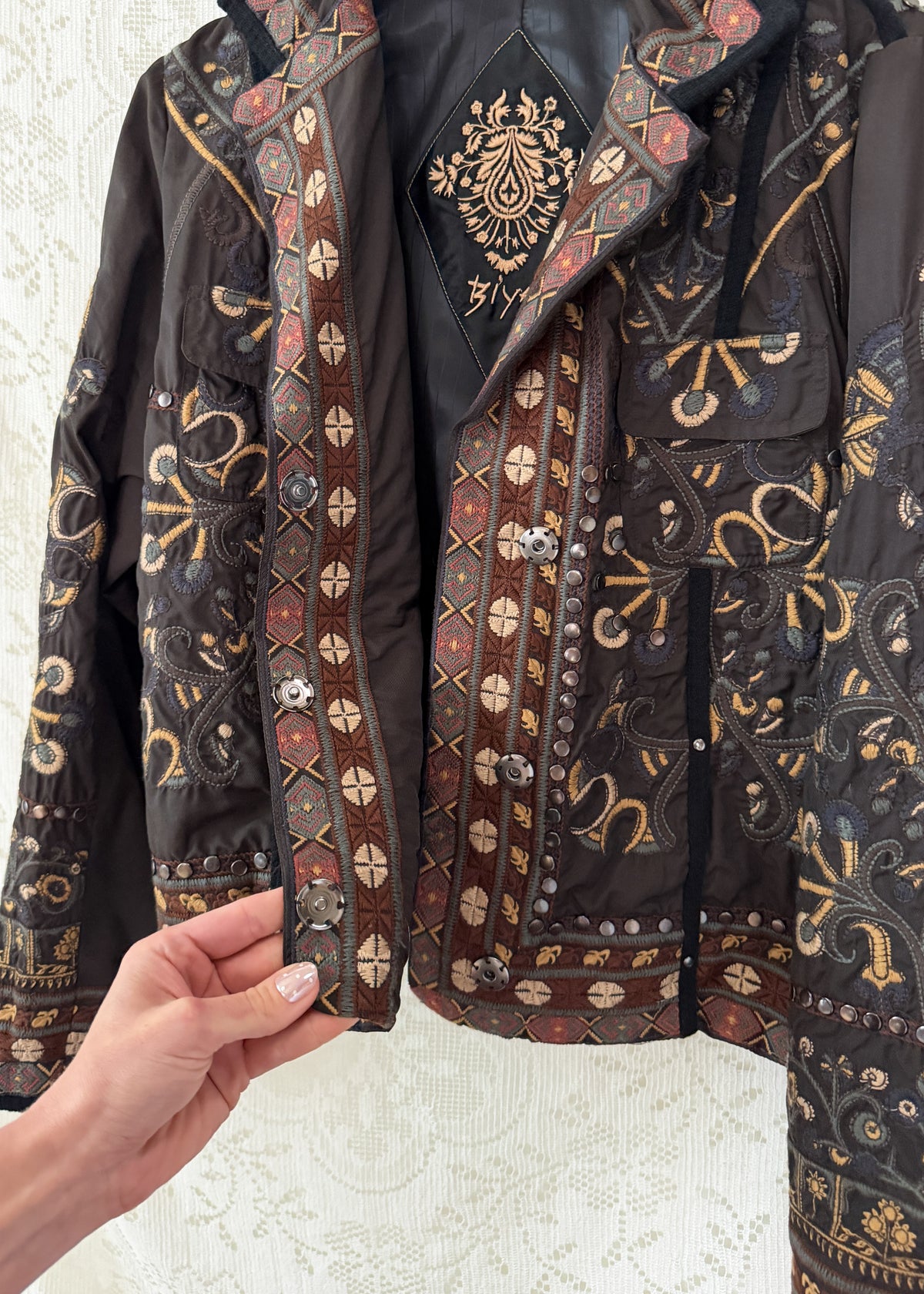 BIYA by Johnny Was Olive Brown Embroidered Studded Boho Moto Jacket