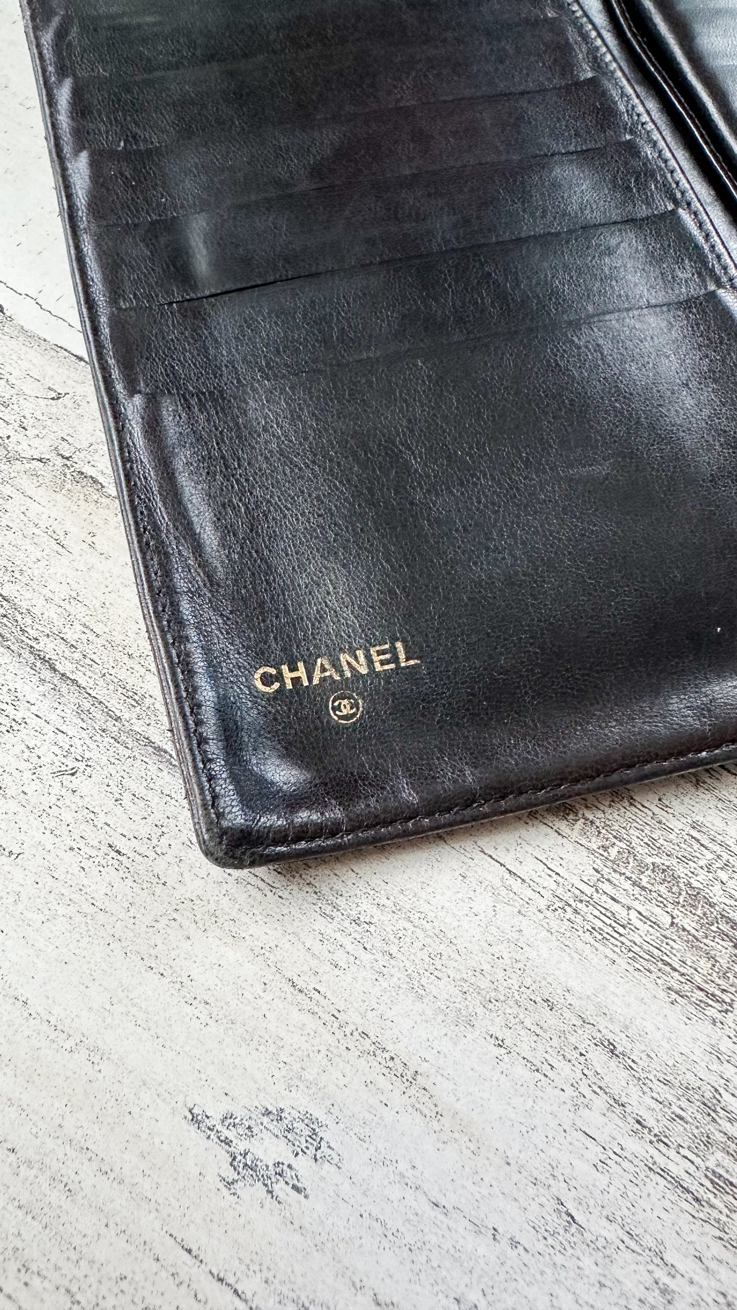 Vintage 2003 Chanel Black Lambskin Leather Bi-Fold Large Wallet