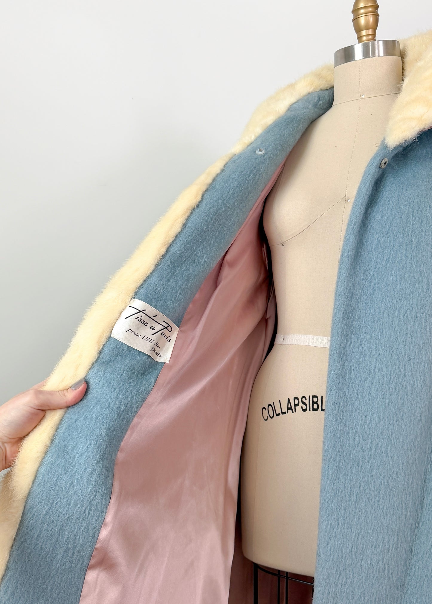 Vintage 60s Lilli Ann Powder Blue Cream Mink Collar Swing Coat