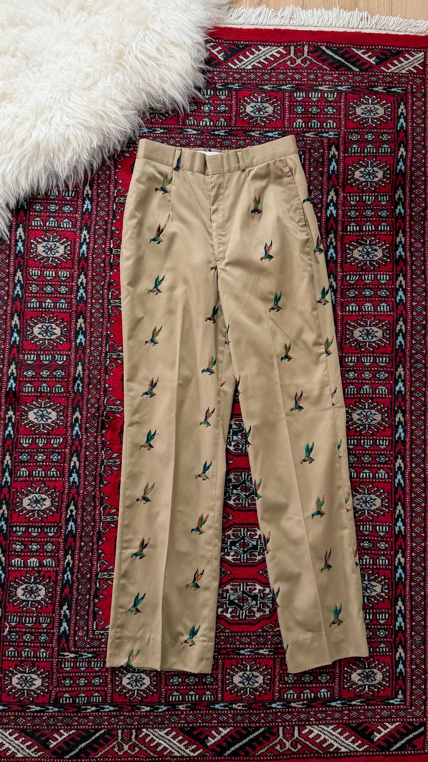 Vintage 70s Khaki Embroidered Mallard Duck Chino High Waist Pants