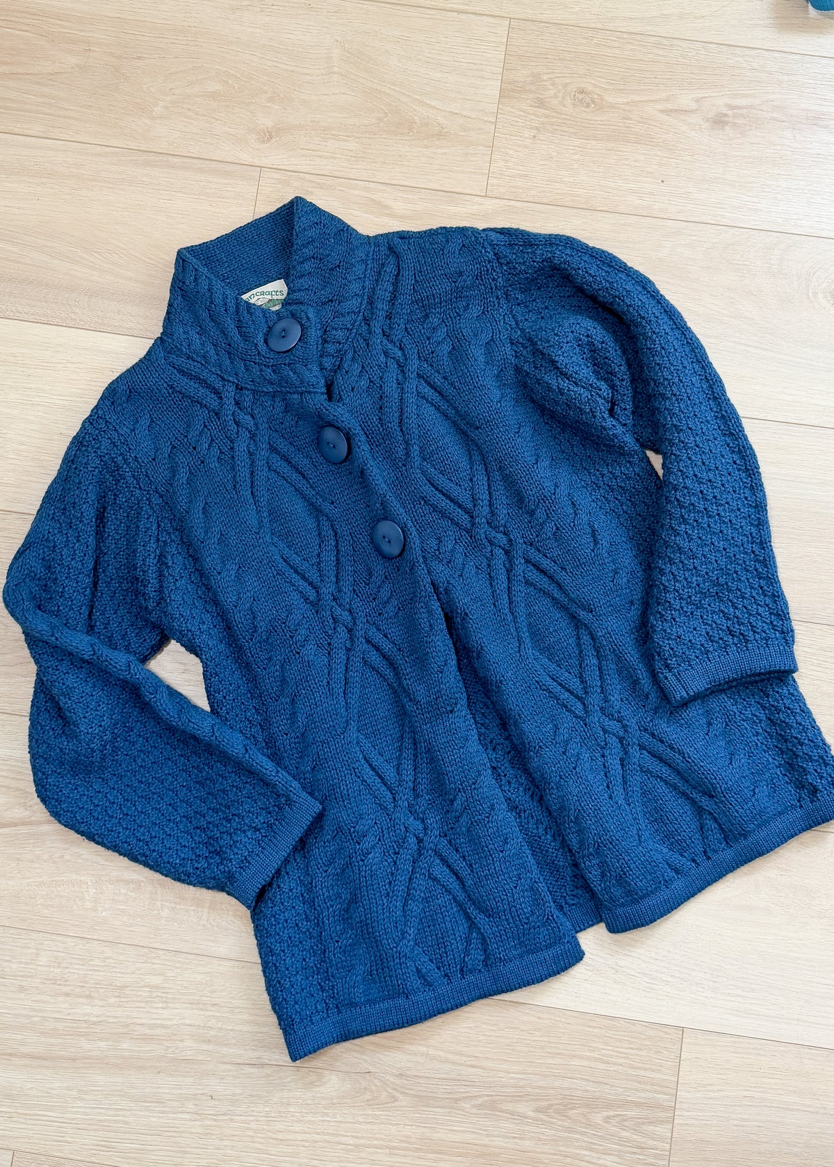 Vintage Aran Crafts Ireland Teal Blue Wool Cable Knit Cardigan Jacket (L)