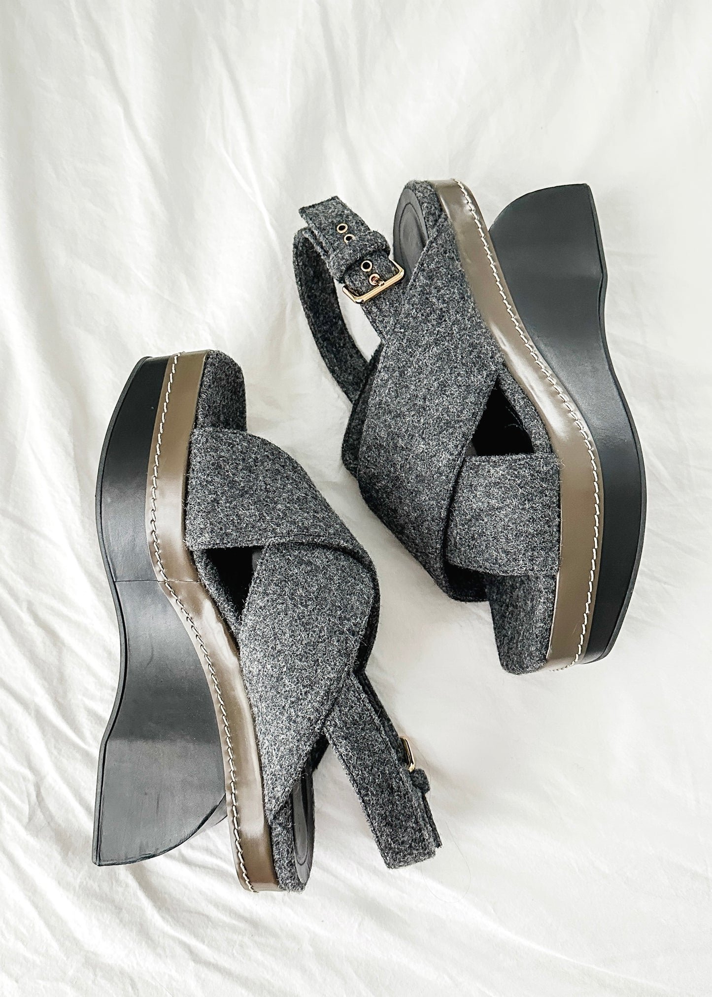 Marni Gray Wool Felt Cross Front Square Toe Sculptural Wedges (39 or 8.5)