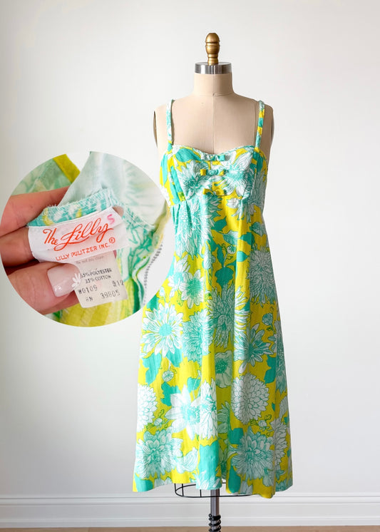 Vintage 60s 70s Lilly Pulitzer Green & Yellow Floral Dress (8 or M)