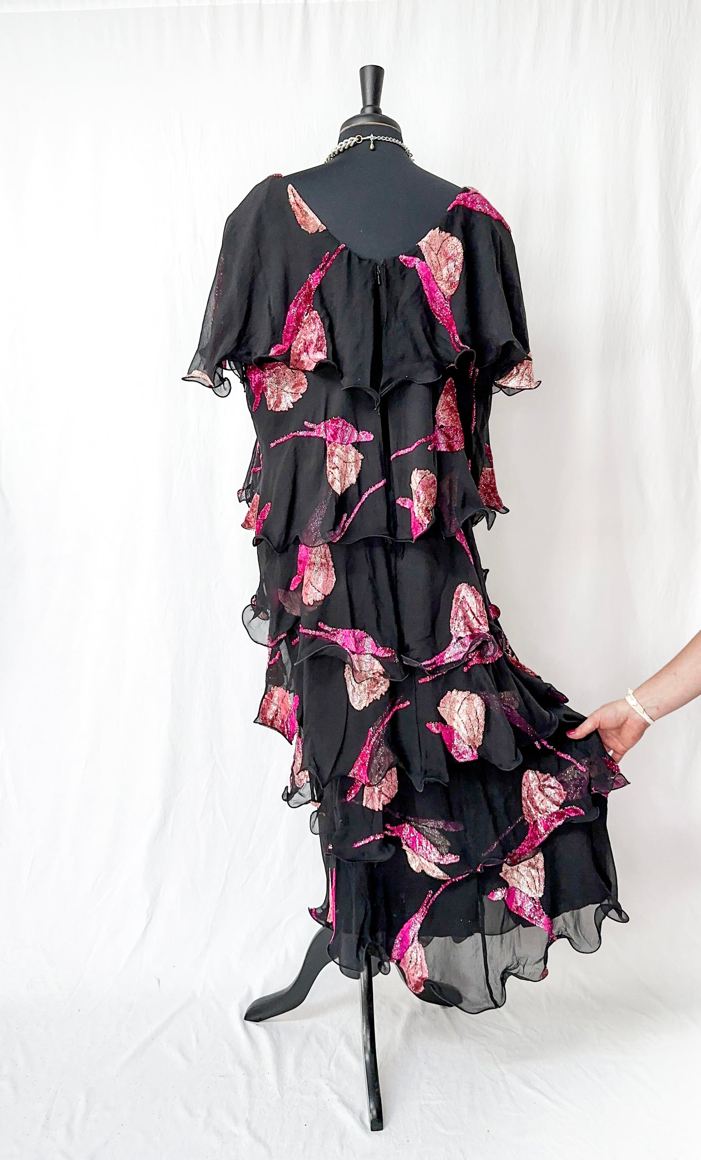 Vintage Russell Trusso Black Silk Embellished Tiered Dress (L/XL)