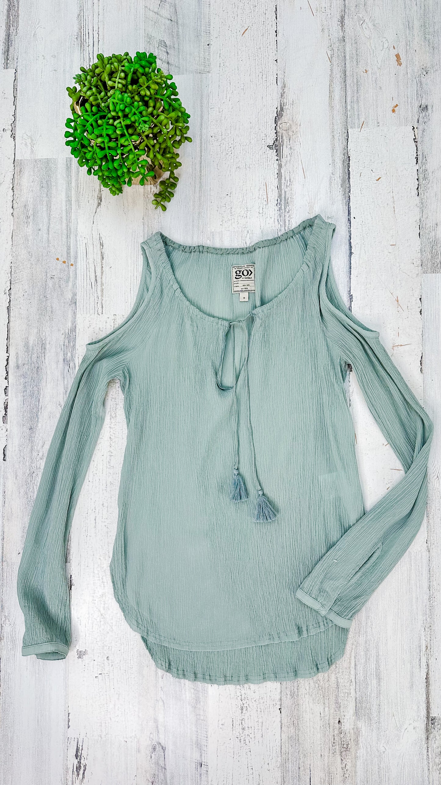 Go> by Gosilk Light Teal Cold Shoulder Washable Silk Peasant Top (S)