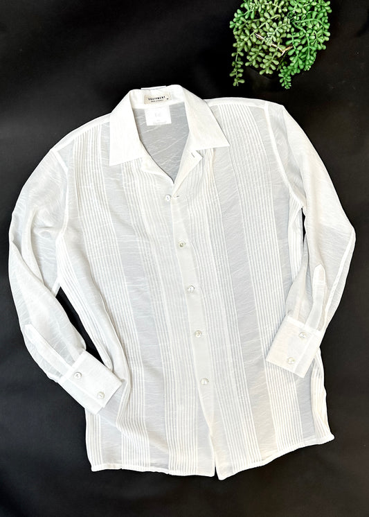 Vintage 80s Equipment White Pleat Front Button Down Top (M)