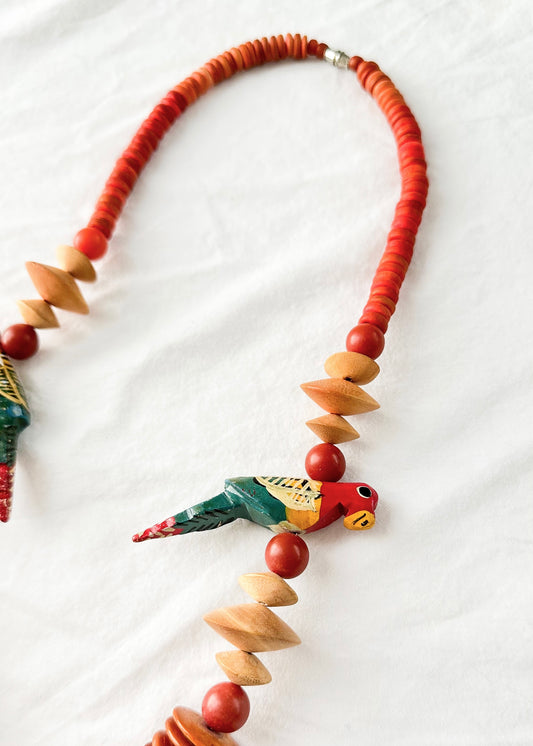 Vintage Hand Painted Wood Bead Parrot Bird Novelty Necklace