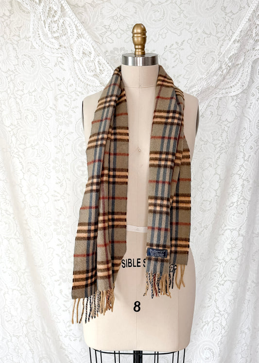 Vintage 90s Burberrys of London 100% Cashmere Olive Blue Nova Check Scarf