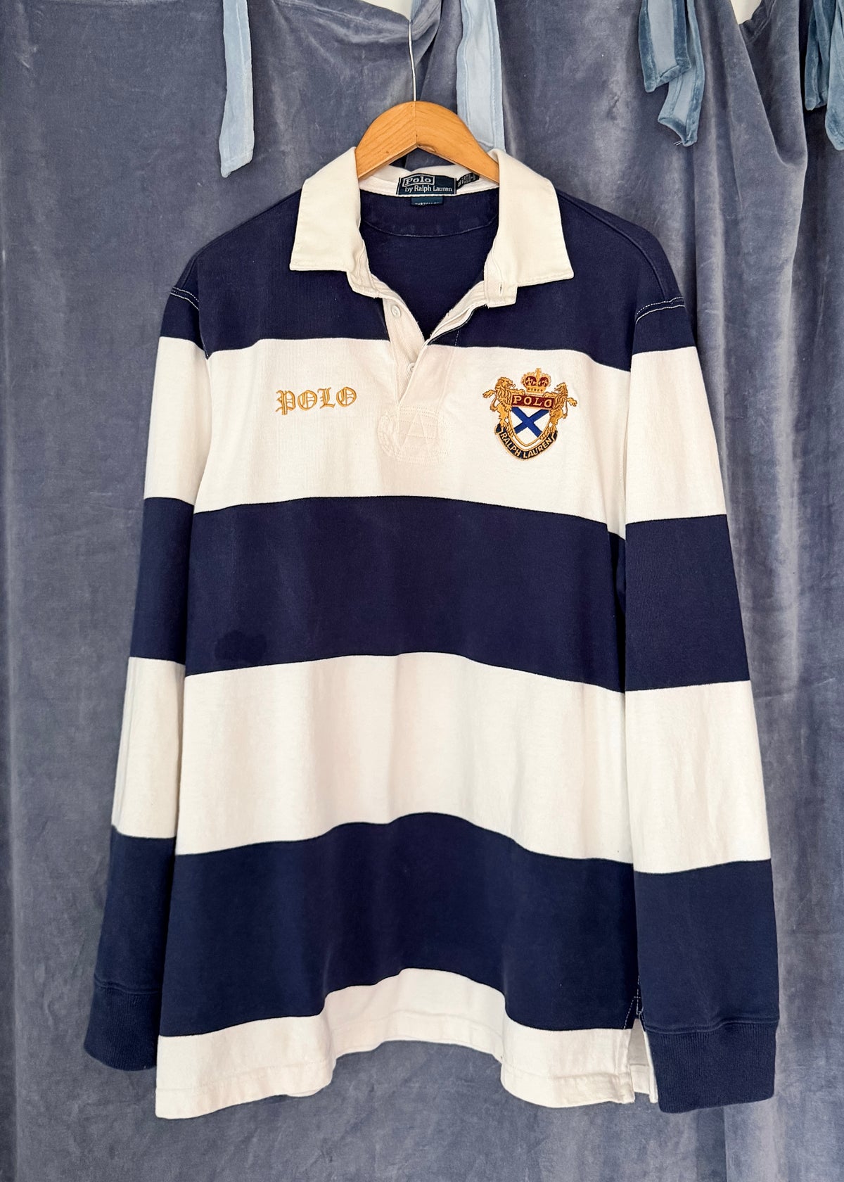 Vintage 90s 00s Polo Ralph Lauren Navy White Striped Crest Rugby Shirt (XL)