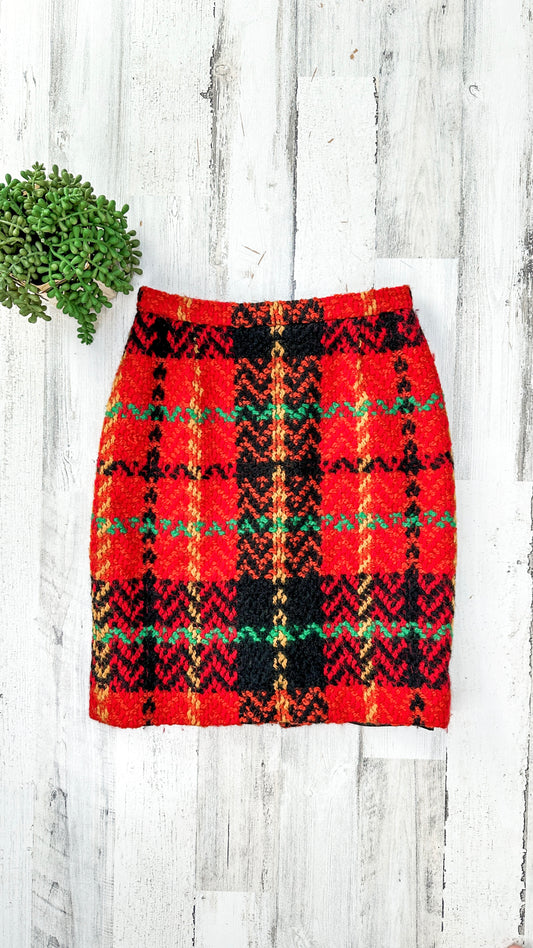 Vintage Carlisle Red Plaid Knit Pencil Skirt (8 or M)