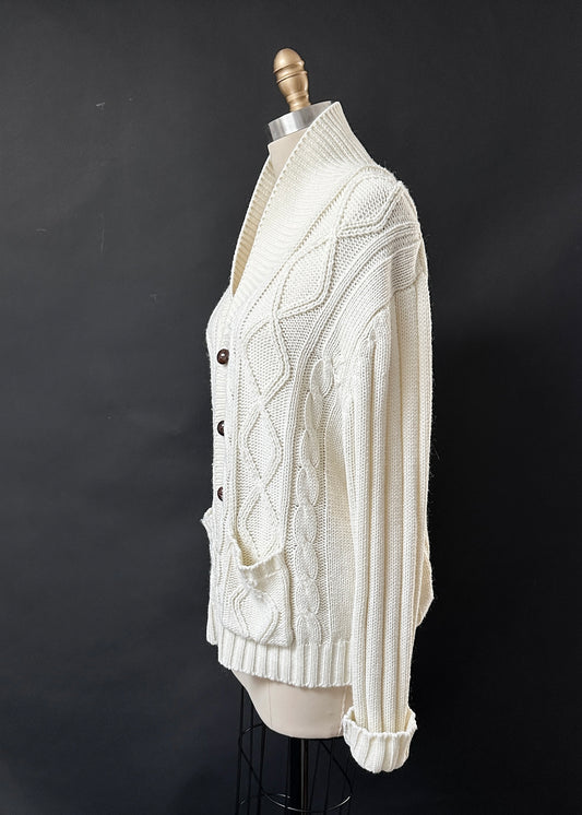 Vintage 70s Sears Cream Acrylic Fisherman’s Sweater Cardigan