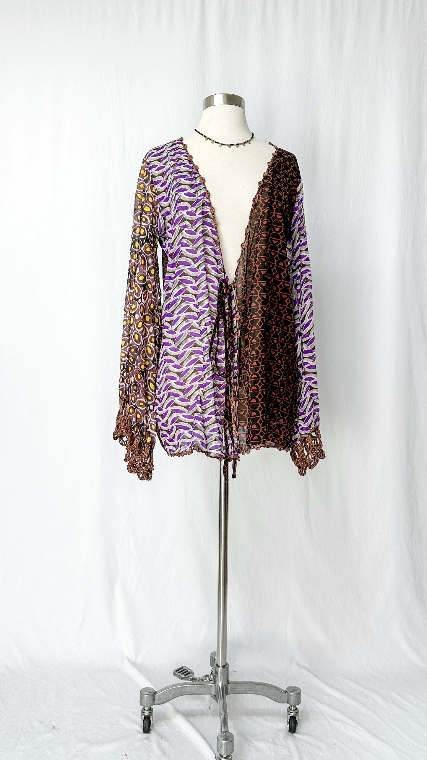 Emamó Purple & Brown Crochet Trim Tie Front Cover-Up Top (S)