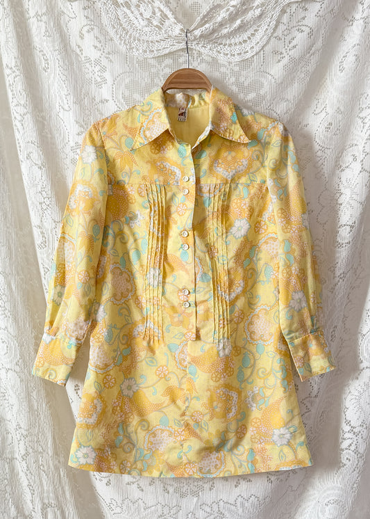 Vintage 70s Diolen Yellow Print Mini Dress