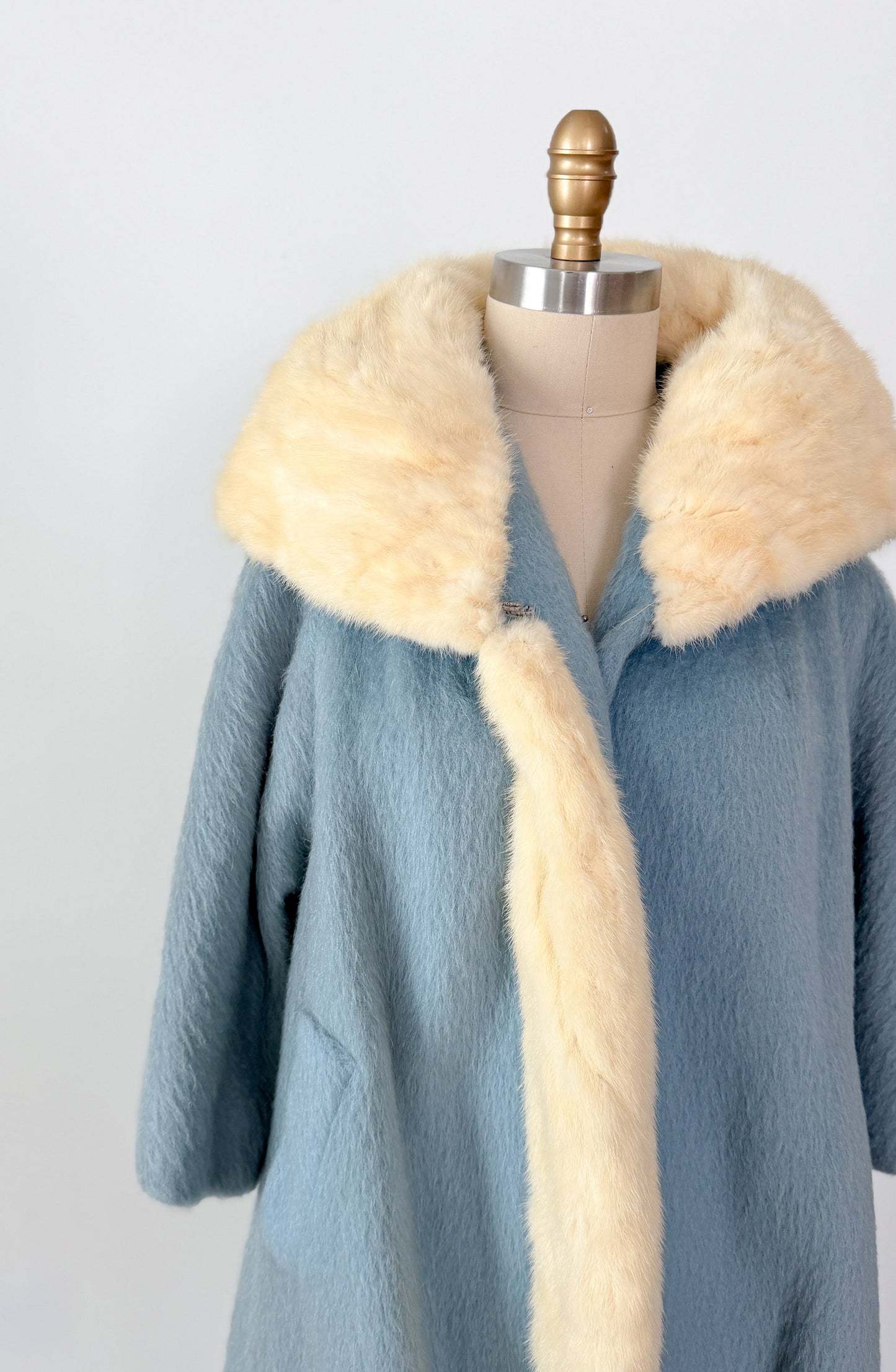 Vintage 60s Lilli Ann Powder Blue Cream Mink Collar Swing Coat