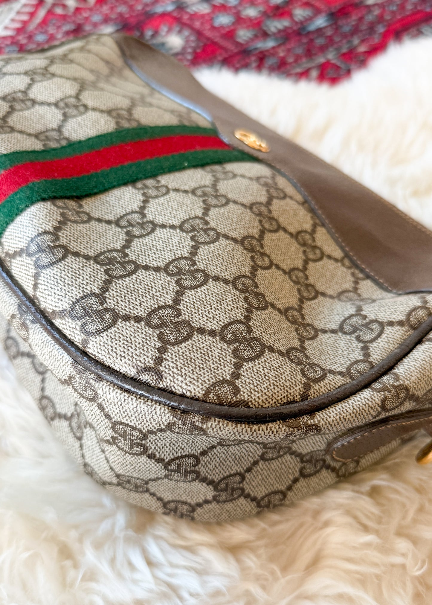 Vintage 80s Gucci Sherry Line GG Brown Shoulder Bag Purse + Gold Shoulder Chain