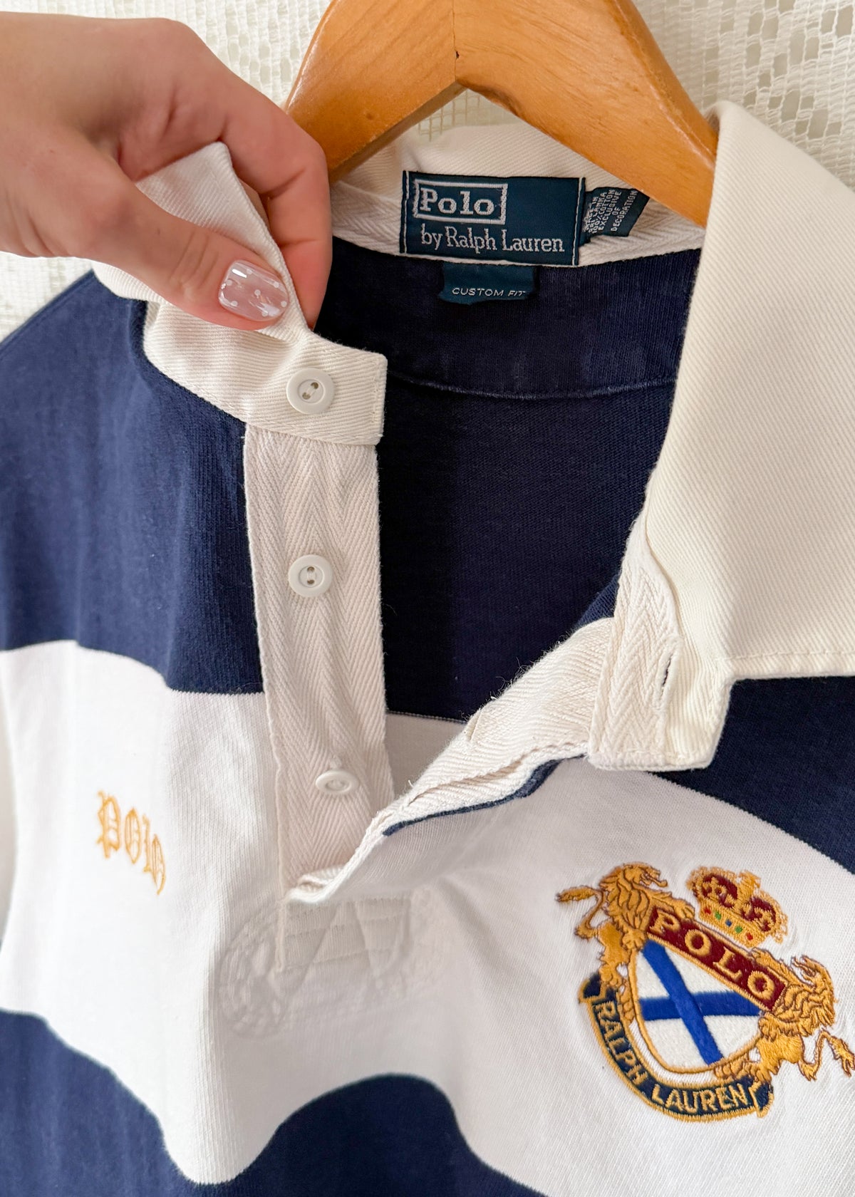 Vintage 90s 00s Polo Ralph Lauren Navy White Striped Crest Rugby Shirt (XL)