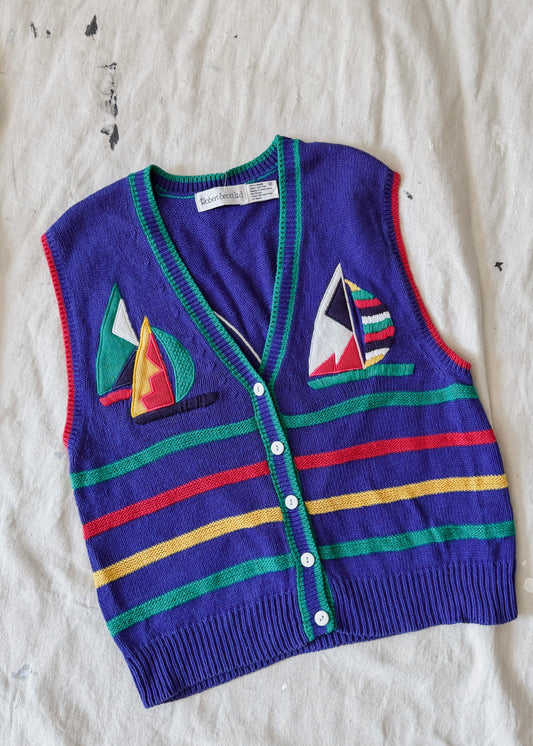 Vintage Robert Scott LTD Embroidered Sailboat Nautical Knit Sweater Vest (M)